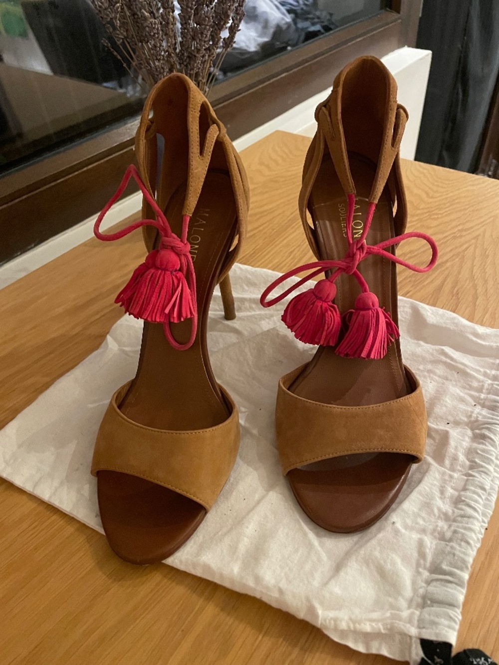 Malone Souliers tan suede heels with red tasslea